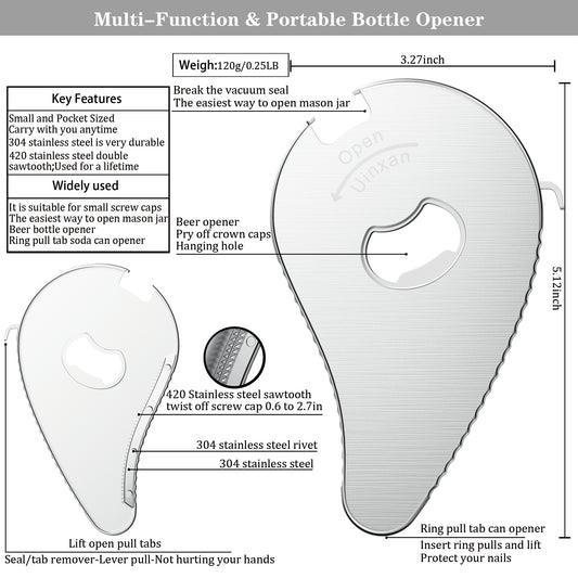 Uinxan Multifunctional Jar and Bottle Opener-Pull Tab Can Openers,Portable,Twist Off 0.6-2.7in Lids,Sealed Rings | Cap Remover Tool,Patent&Unique Gadgets for Weak Hands,Seniors,Elderly,Stainless Steel