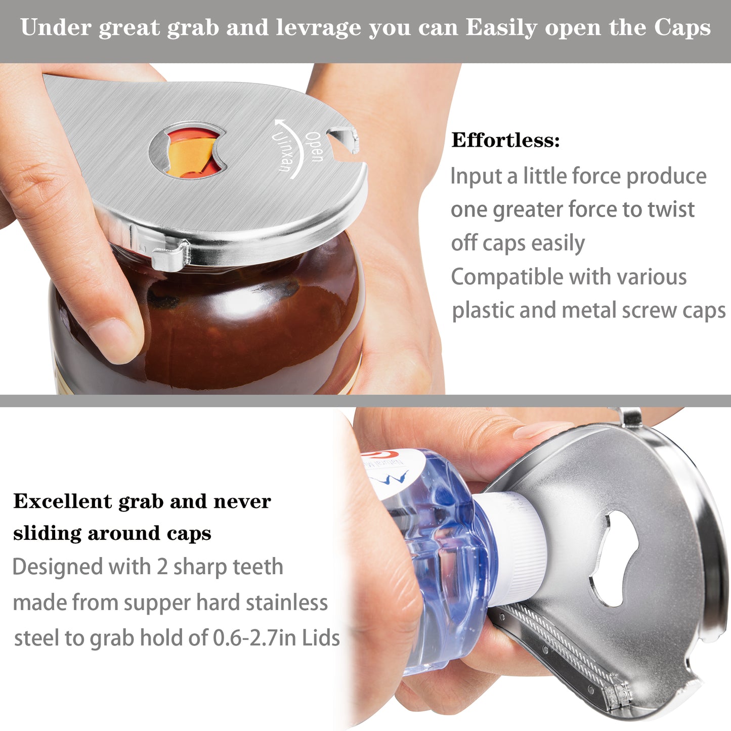 Uinxan Multifunctional Jar and Bottle Opener-Pull Tab Can Openers,Portable,Twist Off 0.6-2.7in Lids,Sealed Rings | Cap Remover Tool,Patent&Unique Gadgets for Weak Hands,Seniors,Elderly,Stainless Steel