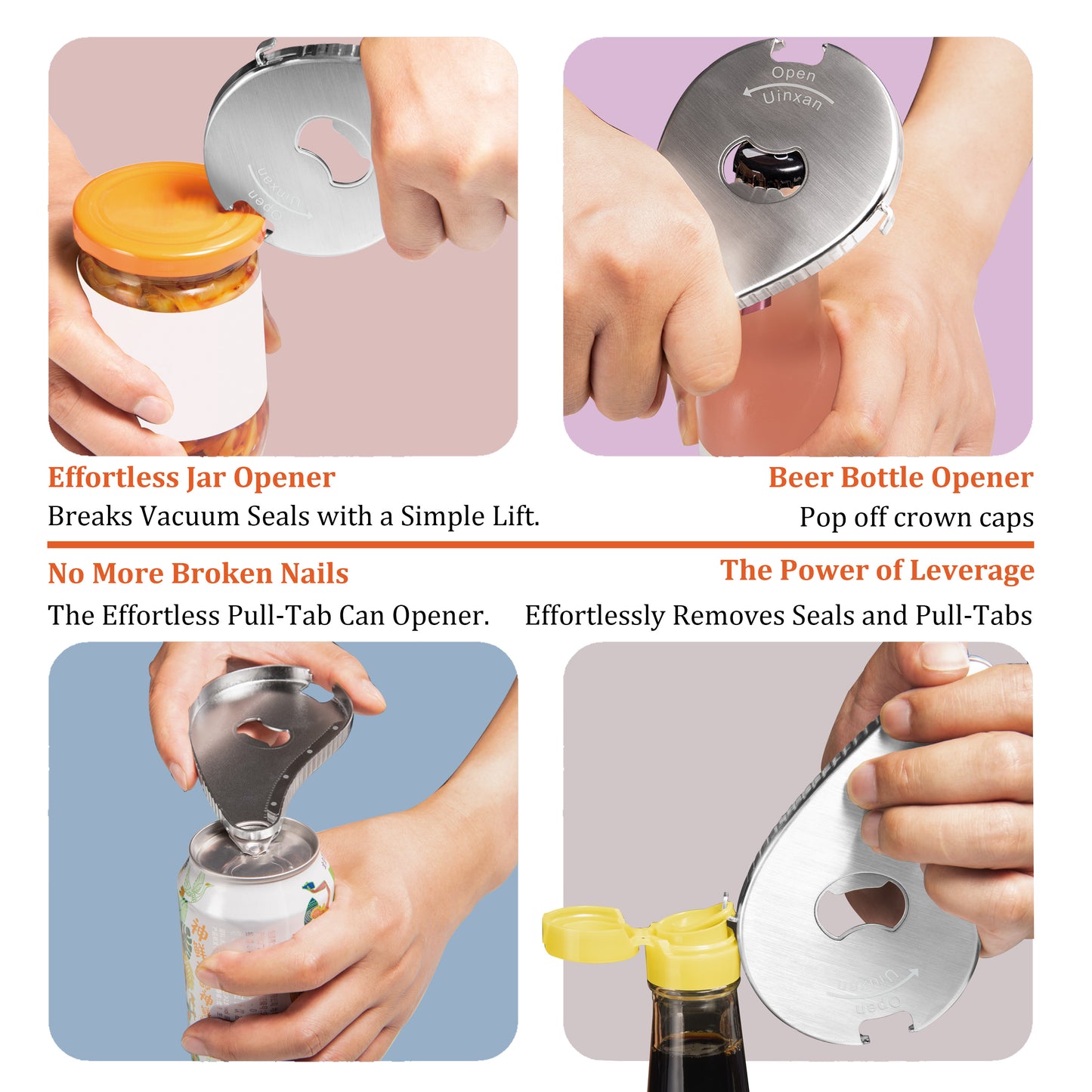 Uinxan Multifunctional Jar and Bottle Opener-Pull Tab Can Openers,Portable,Twist Off 0.6-2.7in Lids,Sealed Rings | Cap Remover Tool,Patent&Unique Gadgets for Weak Hands,Seniors,Elderly,Stainless Steel（Black）