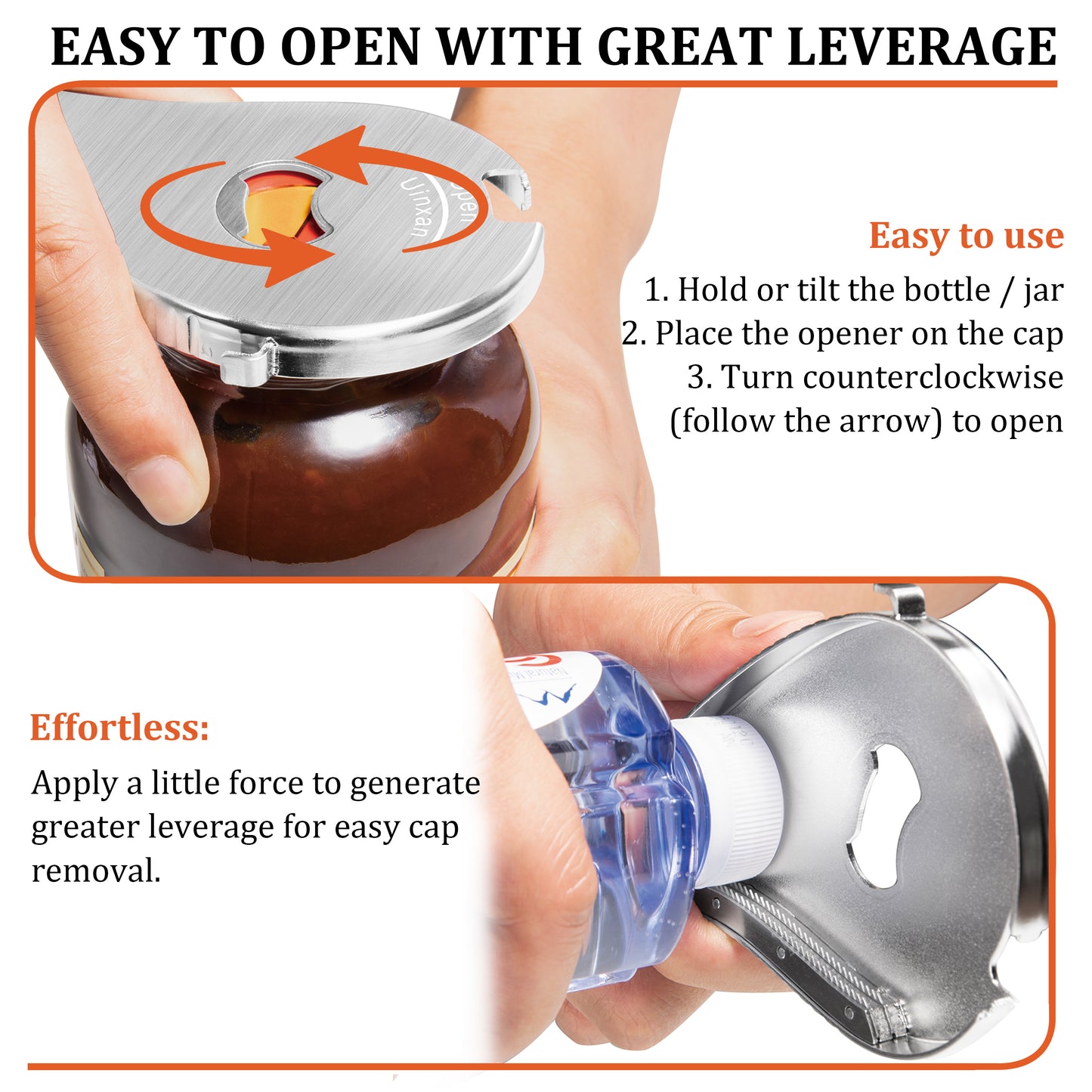 Uinxan Multifunctional Jar and Bottle Opener-Pull Tab Can Openers,Portable,Twist Off 0.6-2.7in Lids,Sealed Rings | Cap Remover Tool,Patent&Unique Gadgets for Weak Hands,Seniors,Elderly,Stainless Steel（Black）