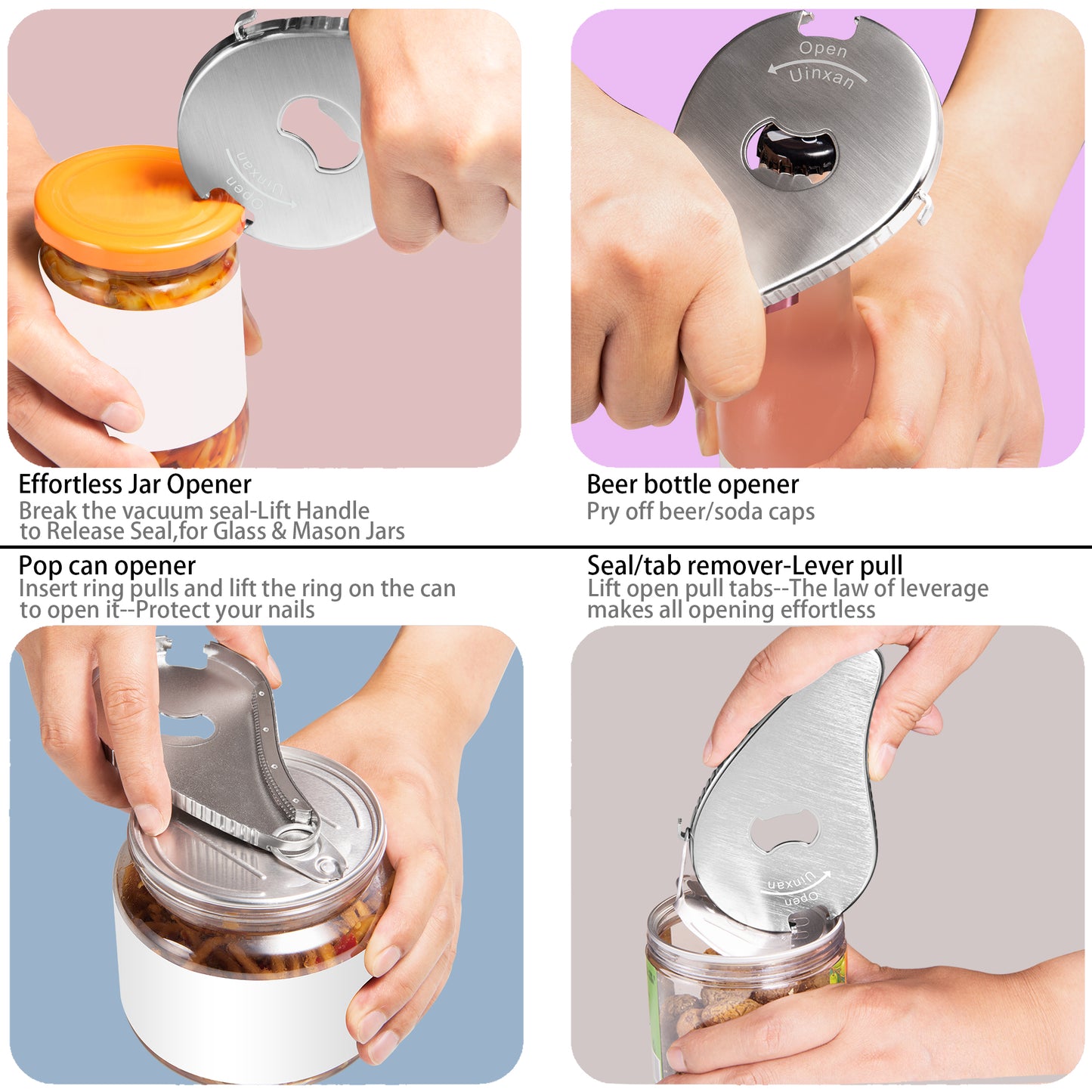 Uinxan Multifunctional Jar and Bottle Opener-Pull Tab Can Openers,Portable,Twist Off 0.6-2.7in Lids,Sealed Rings | Cap Remover Tool,Patent&Unique Gadgets for Weak Hands,Seniors,Elderly,Stainless Steel